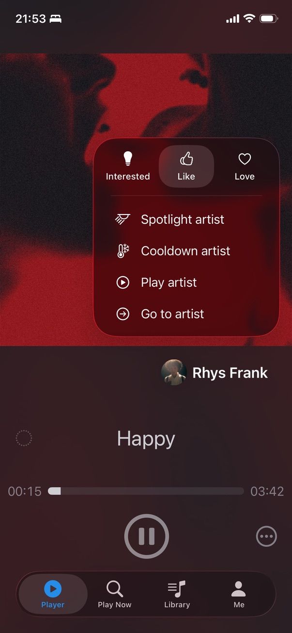 Player showing artist affinity controls: Interested, Like, Love and Spotlight, Cooldown options