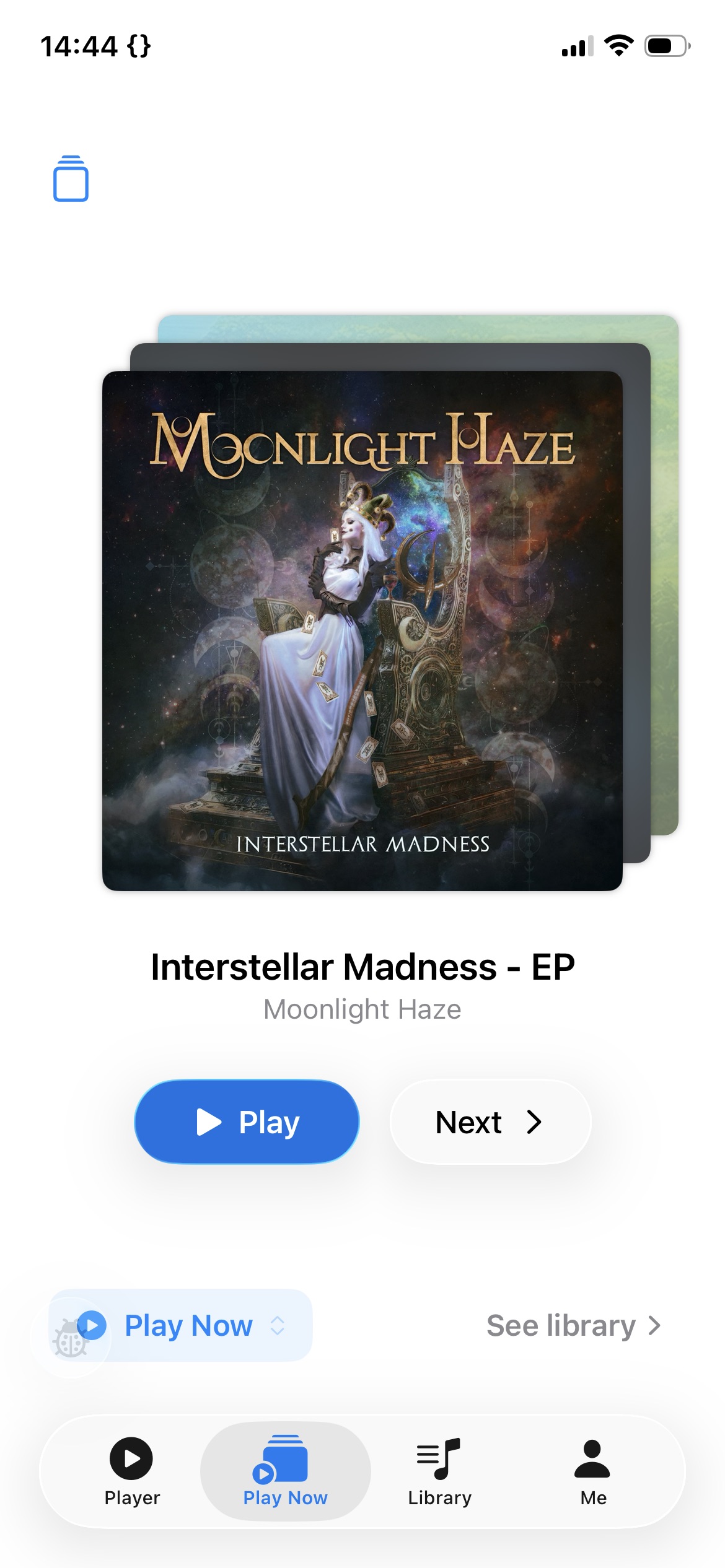 Play Now suggesting one album, with Play and Next buttons under the cover