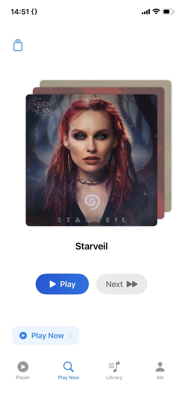Play Now screen showing a single album card with Play and Next buttons