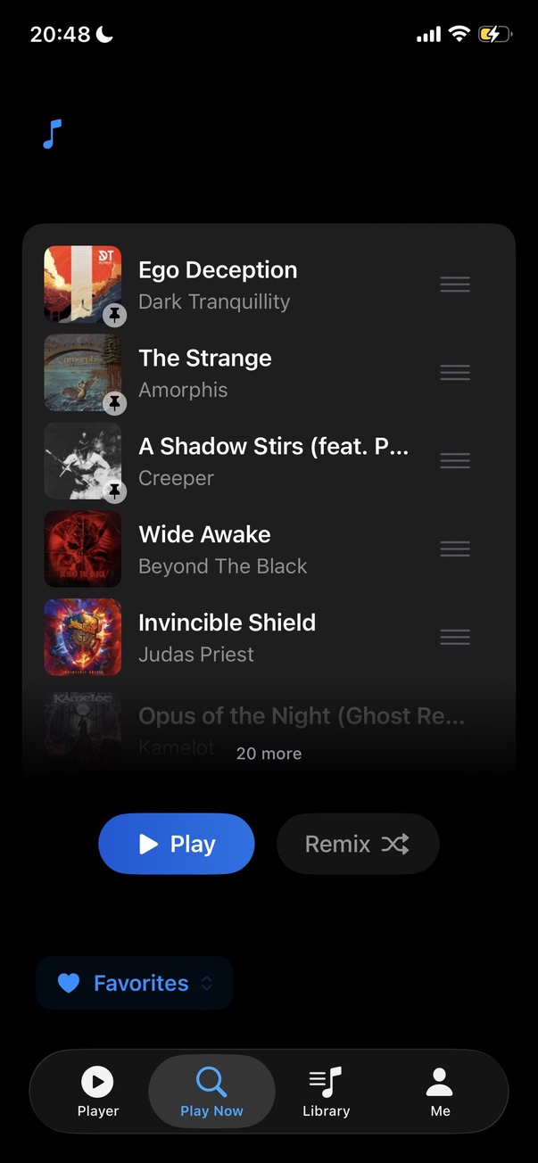 Favorites play mode showing a song list with Play and Remix buttons
