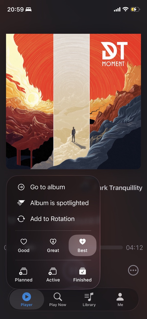 Player screen showing album rating with Good, Great, Best options